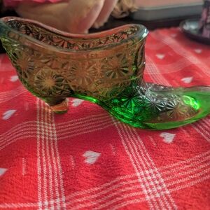 Fenton Green Glass Decorative Shoe